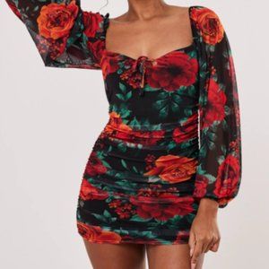Missguided Floral Mesh Balloon Sleeve Mini Dress